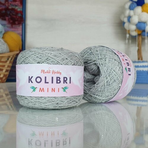 Пряжа MALIK HOBBY Колибри мини, св. серый меланж с серебряными пайетками - 028, 95% хлопок, 5% пайетки, 2 мотка, 50 г, 425 м.