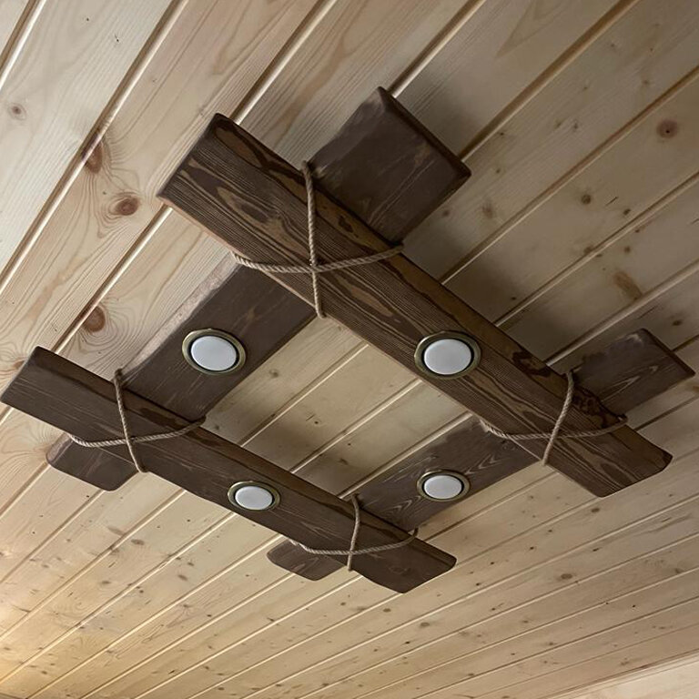 фото Люстра деревянная потолочная "Дубрава Lux", подвесная в стиле лофт, размер 1500*200 мм, на металлических цепях, 5 светильников с цоколем GX53