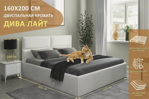 Изображение товара Двуспальная кровать Дива Лайт 160х200 см, с ортопедическим подъемным механизмом, без ножек, цвет молочный