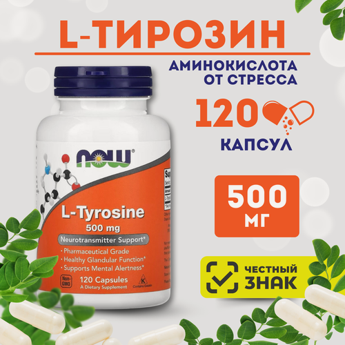 Изображение товара Аминокислота NOW L-Tyrosine, для метаболизма, щитовидной железы и мозга, 500мг, 120 капсул