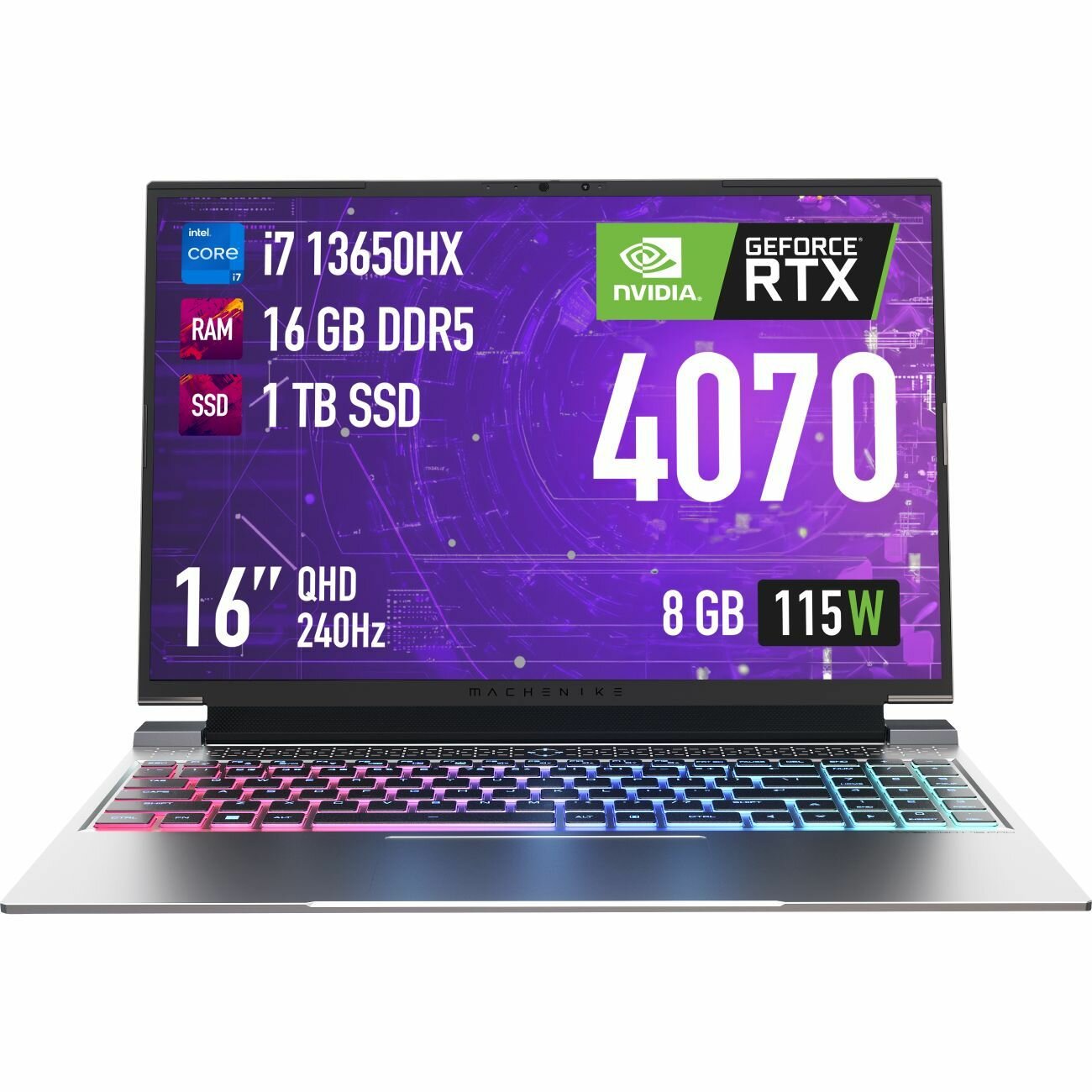 Ноутбук игровой Machenike L16 Pro Stellar S 16", Intel Core i7-13650HX, RAM 16 ГБ, SSD 1 ТБ, NVIDIA GeForce RTX 4070 8 ГБ, без ОС, серый — фото 1