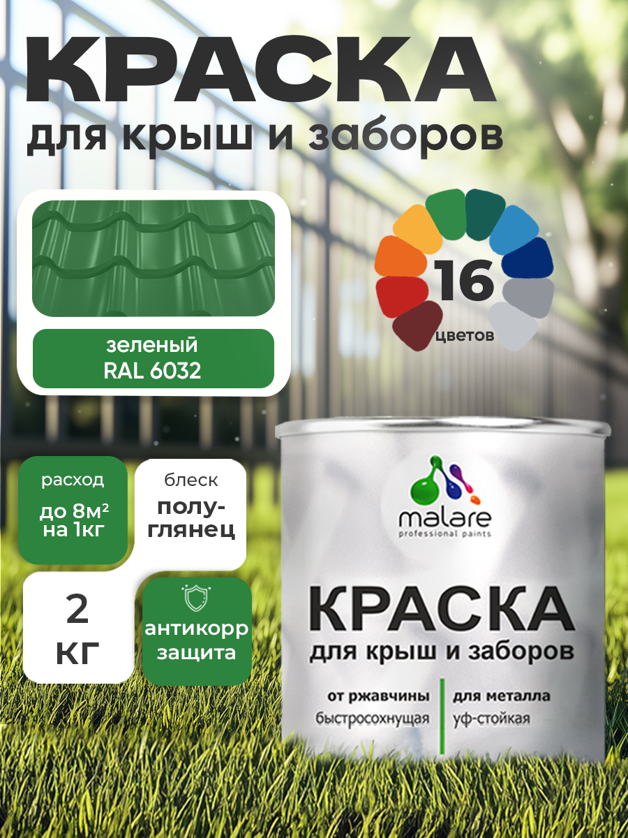 Краска Malare для металлического забора, для крыши из металла, для металлочерепицы, антикоррозионная, глянцевый, зеленый, 2 кг.
