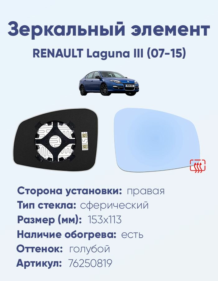 Зеркальный элемент правый RENAULT Laguna III (07-15) сфера голубой с обогревом