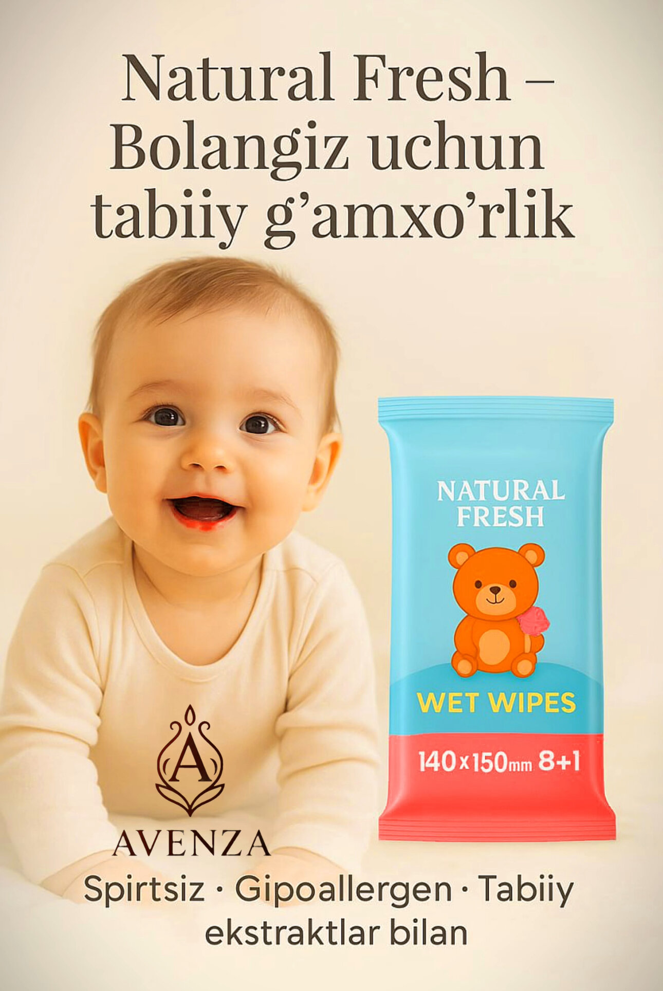 Влажные салфетки "Natural Fresh", Super mini гипоаллергенные, детские, без спирта, (8+1. уп 72шт)