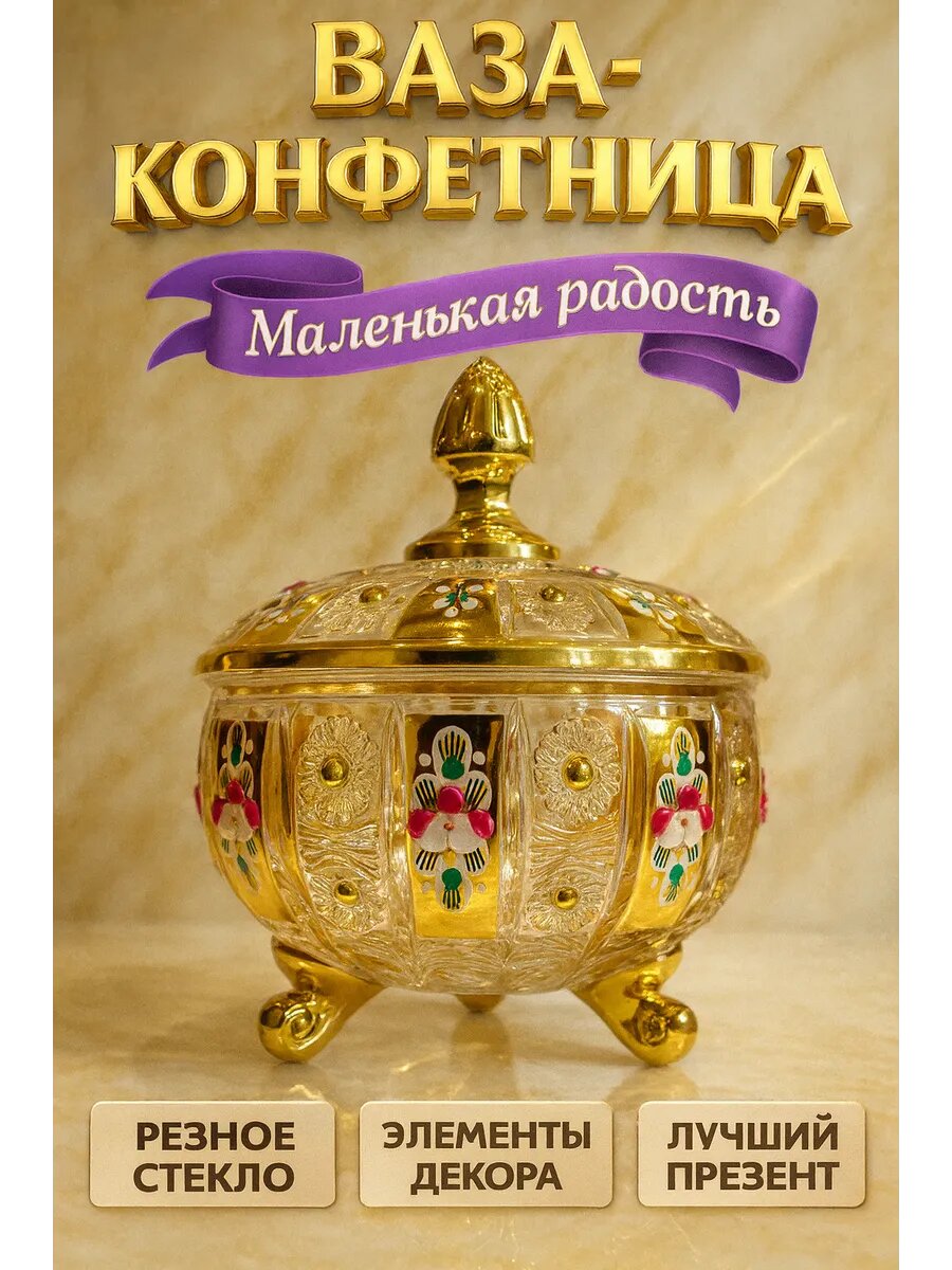 Ваза конфетница золотая для конфет подарочная