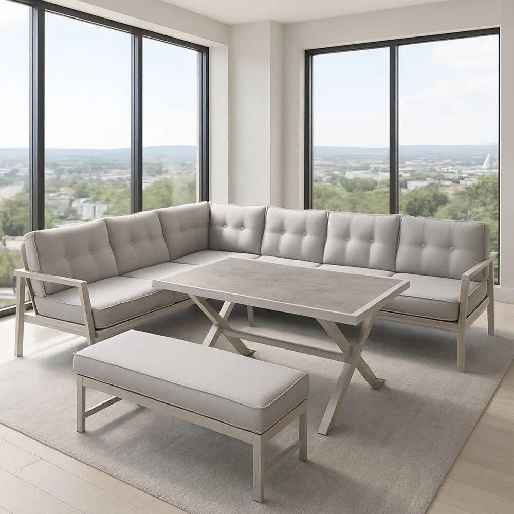 PREMIUM Комплект мебели Full Comfort - DOLPHIN алюминиевый каркас (обеденный стол угловой диван скамейка) мокка