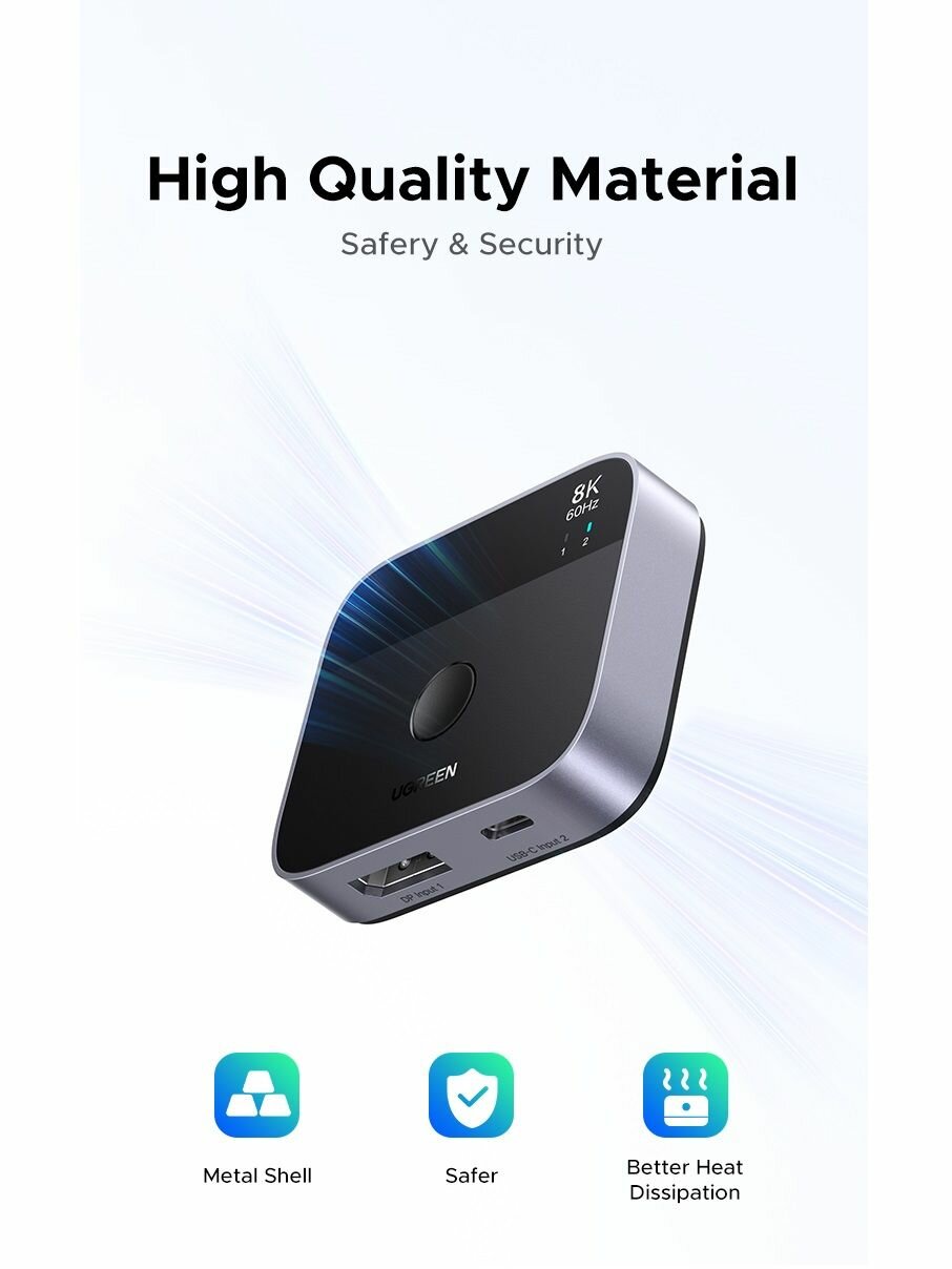 Переключатель UGREEN AW701 (65878) 2 in 1 8K@60Hz DisplayPort&USB-C Switcher. Цвет: черный