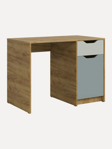 Изображение товара Детский компьютерный, письменный стол Лео с ящиком, с полками, 102х59х76 см, Дуб Крафт золотой / Сумеречный голубой / Пастельный зеленый