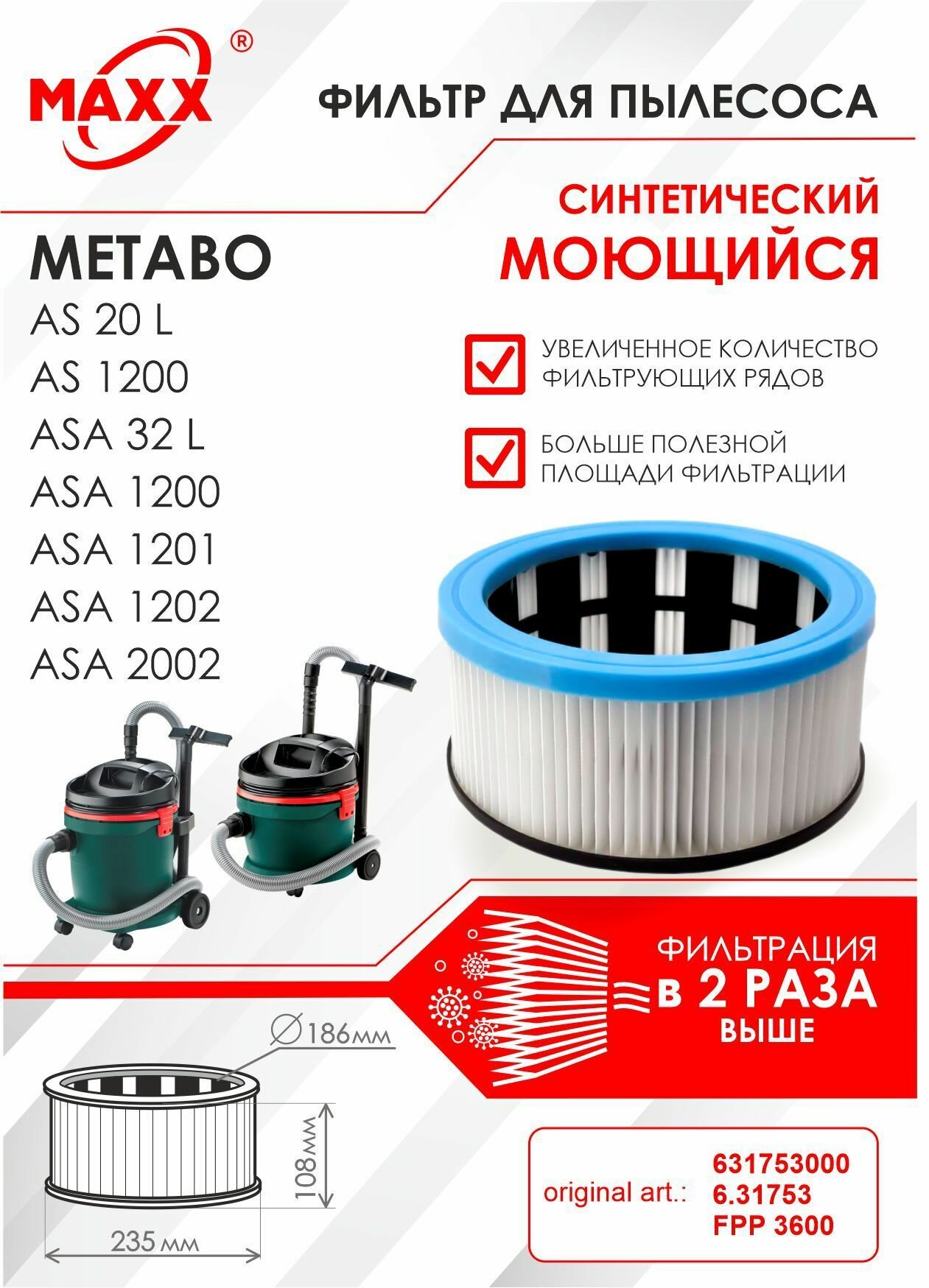 Складчатый фильтр синтетический моющийся для пылесоса Metabo AS 20 L 1200 / Metabo ASA 32 L 1200 1201 1202 2002