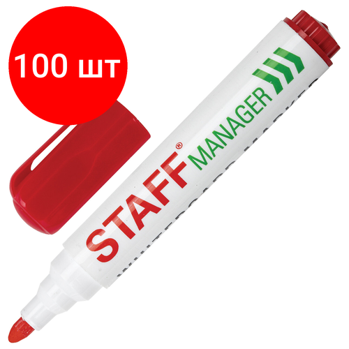 Комплект 100 шт, Маркер стираемый для белой доски красный, STAFF Manager, 5 мм, с клипом, 151493 staff маркер для доски manager зелeный