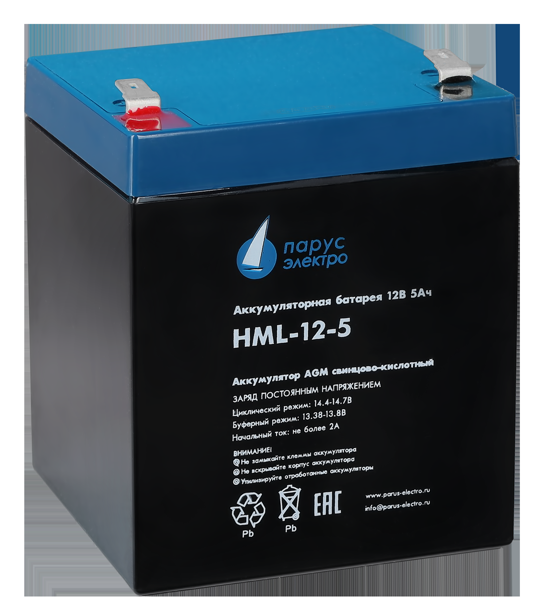 Батарея Парус электро Battery Parus Electro,voltage 12V, capacity 5.2Ah, max. discharge current (5sec) 75A, lead-acid type AGM, terminals F2