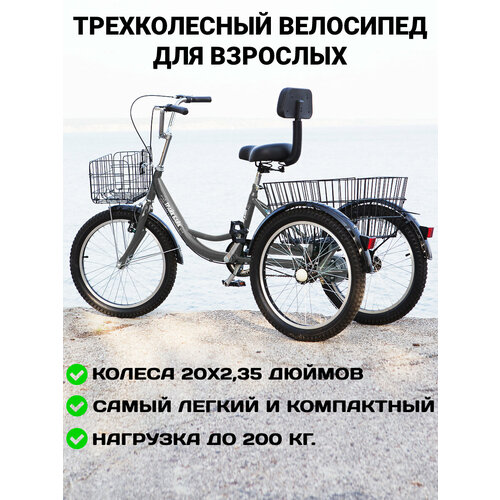 Трехколесный велосипед для взрослых, с 2 корзинами, цвет серебристый