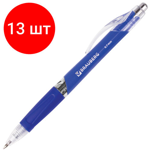 Комплект 13 шт, Ручка шариковая автоматическая с грипом BRAUBERG Rave, синяя, корпус синий, узел 0.7 мм, линия письма 0.35 мм, 141068