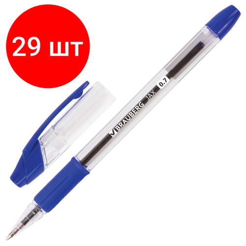 Комплект 29 шт, Ручка шариковая с грипом BRAUBERG Samurai, синяя, корпус прозрачный, узел 0.7 мм, линия письма 0.35 мм, 141149