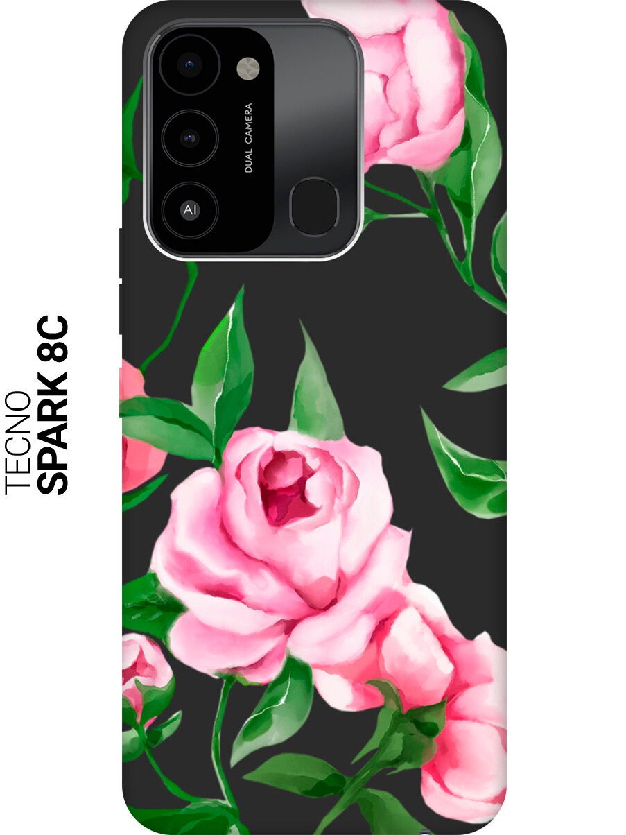 Силиконовый чехол на Tecno Spark 8C / Go 2022 / Техно Спарк 8С / Го 2022 с рисунком "Amazing Peonies" Soft Touch черный