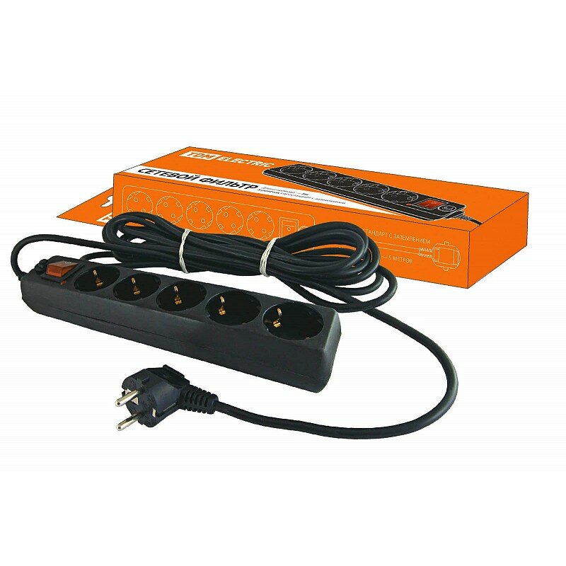 фото Сетевой фильтр СФ-05В выключатель, 5 гнезд, 5 метров, с заземлением, ПВС 3х1мм2 16А/250В черный TDM, цена за 1 шт