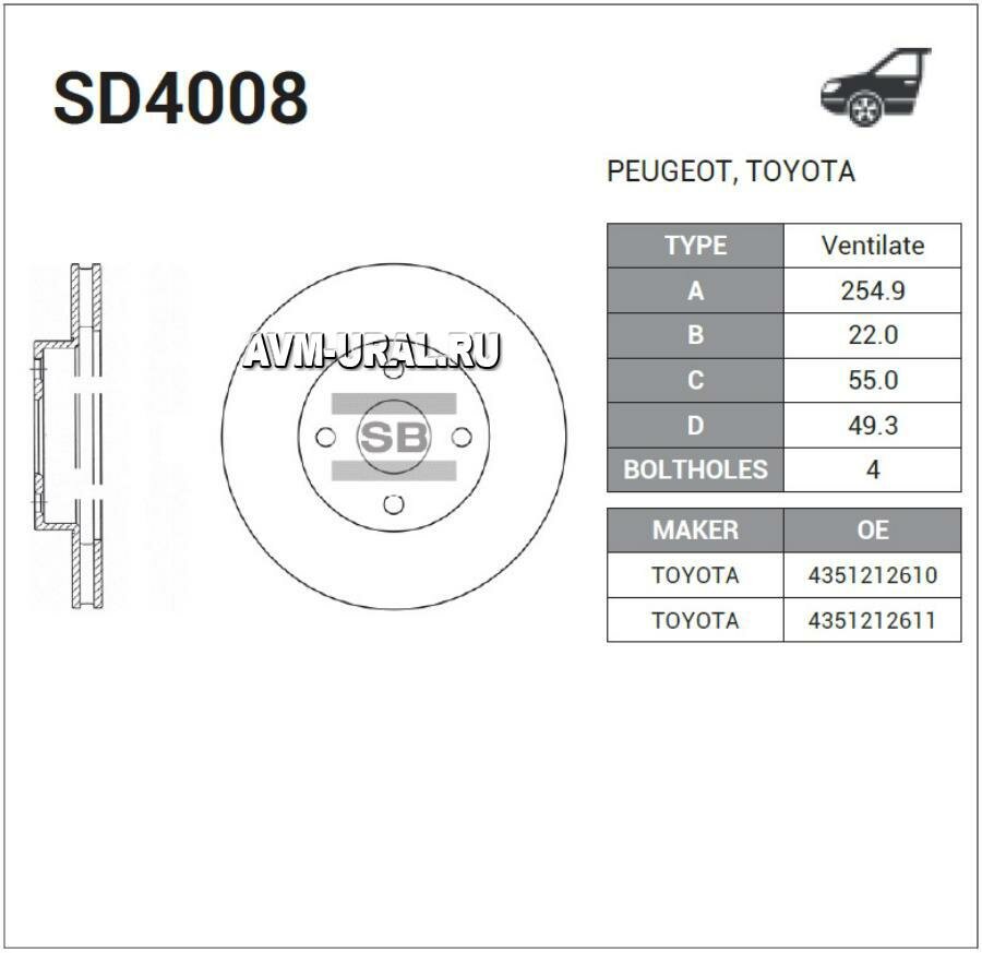 SANGSIN BRAKE SD4008 Диск тормозной, передний
