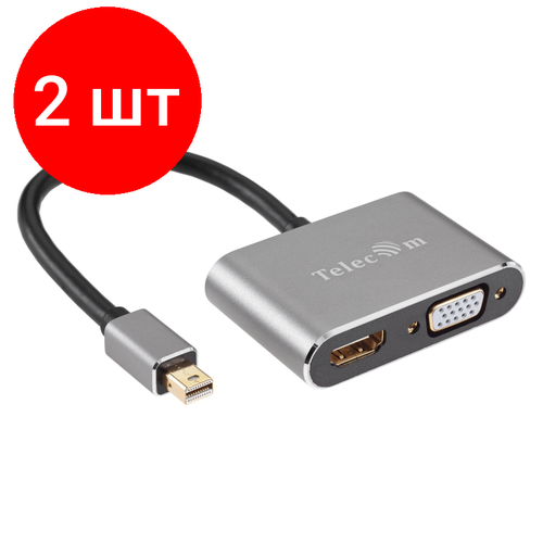 Комплект 2 штук, Кабель Mini DisplayPort - HDMI - VGA, M/F/F, 4K 30Hz, серый, Telecom, TA6080 аксессуар telecom mini displayport m hdmi m 1 8m ta696 1 8m