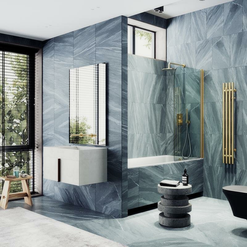 фото Maybah Glass Распашная шторка для ванны поворотная на монопетле 80 см, стекло прозрачное, профиль золото MGV-600-3 Maybah Glass