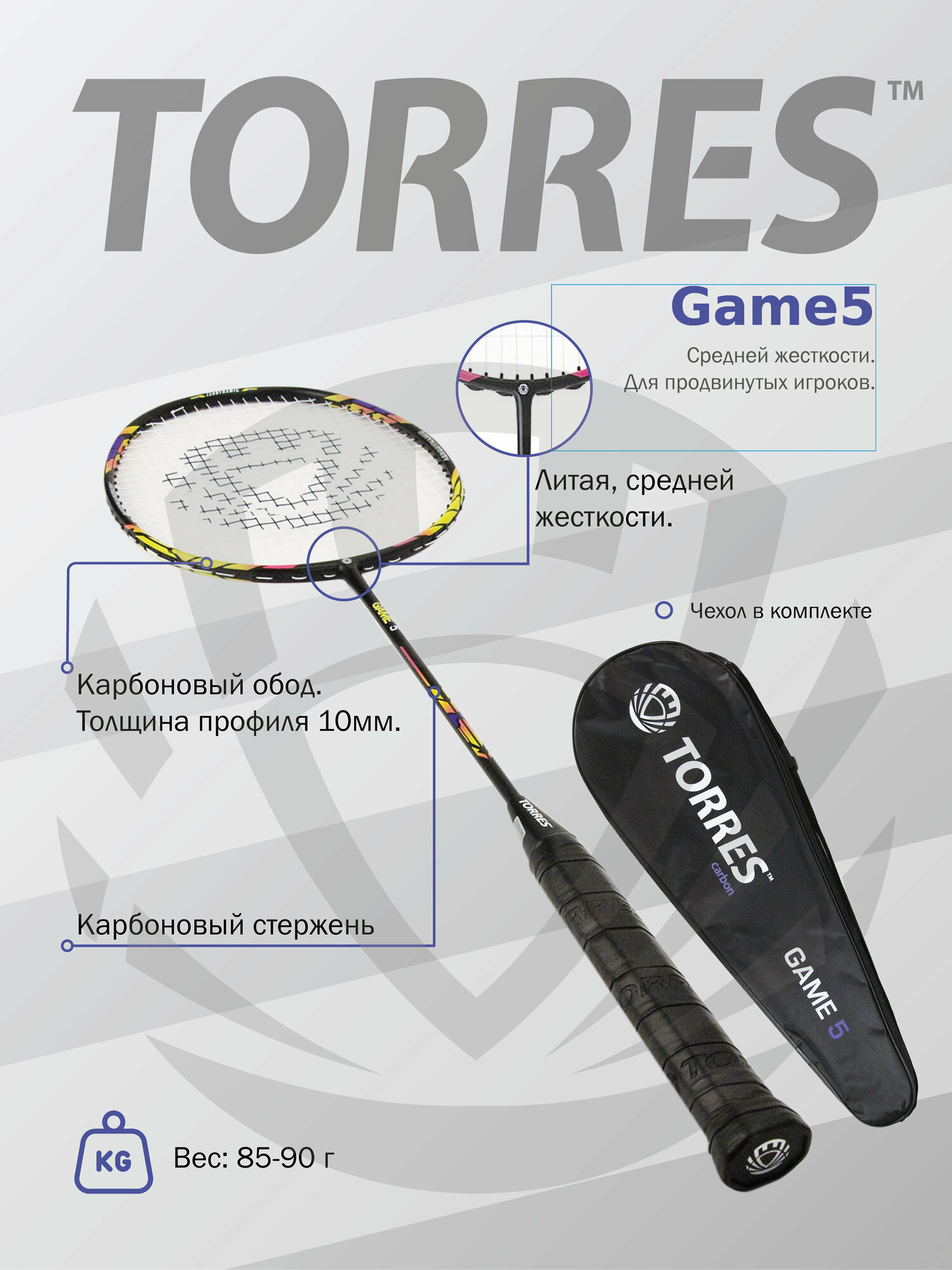 Ракетка для бадминтона TORRES Game 5 BD20511, карбон