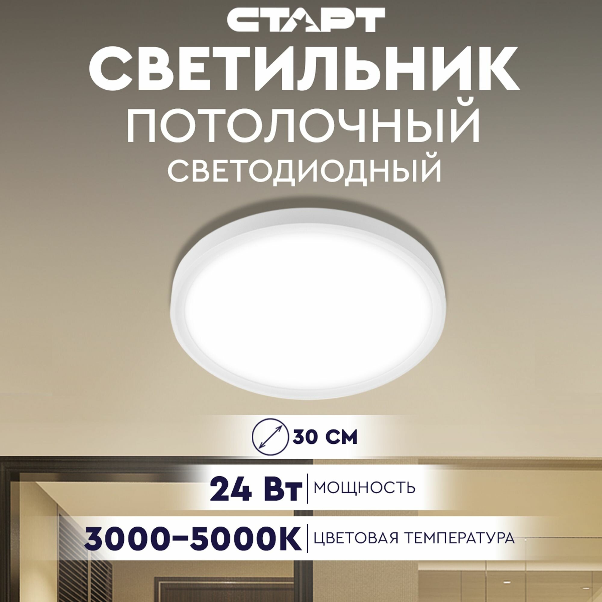 фото Светильник потолочный настенный светодиодный старт BaseLine, 24 Вт, 3000-5000К, 30см, IP40, белый