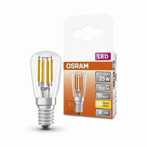 Лампа светодиодная OSRAM для холодильника 2,8W=25W E14 220В PT26 250Лм 2700К Филаментная, прозрачная, стекло Теплый белый, уп. 1шт