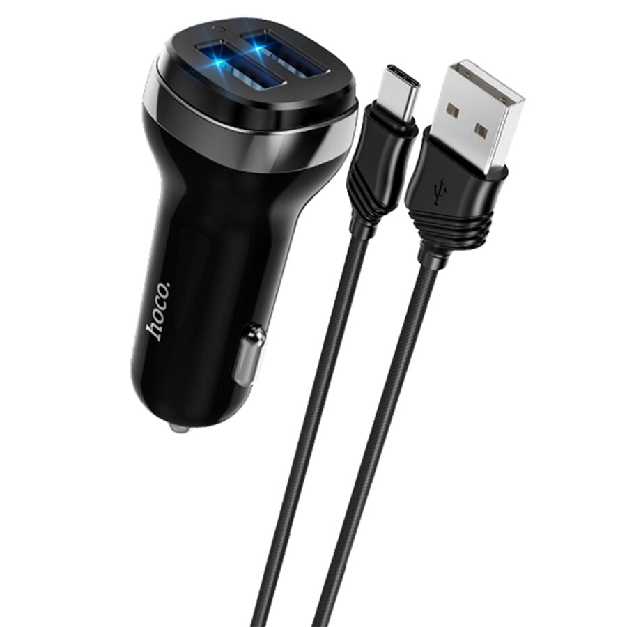 Автомобильное зарядное устройство HOCO Z40 Superior, 2xUSB с Кабелем USB - Type-C, 2.4A, черный