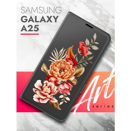 Чехол на Samsung Galaxy A25 (Самсунг Галакси А25) черный книжка эко-кожа подставка отделение для карт магнит Book case, Brozo (принт) Ржавый Пион чехол на samsung galaxy a25 самсунг галакси а25 черный книжка эко кожа подставка отделение для карт магнит book case brozo принт котик спит