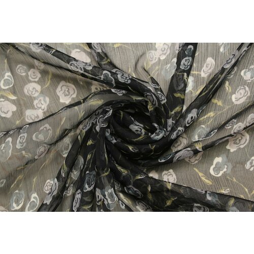 Ткань Шёлковый шифон-креш чёрный с серым цветочным рисунком, ш136см, 0,5 м ткань шифон креш marini розовато фисташковый узор на вишнёвом фоне ш136см 0 5 м