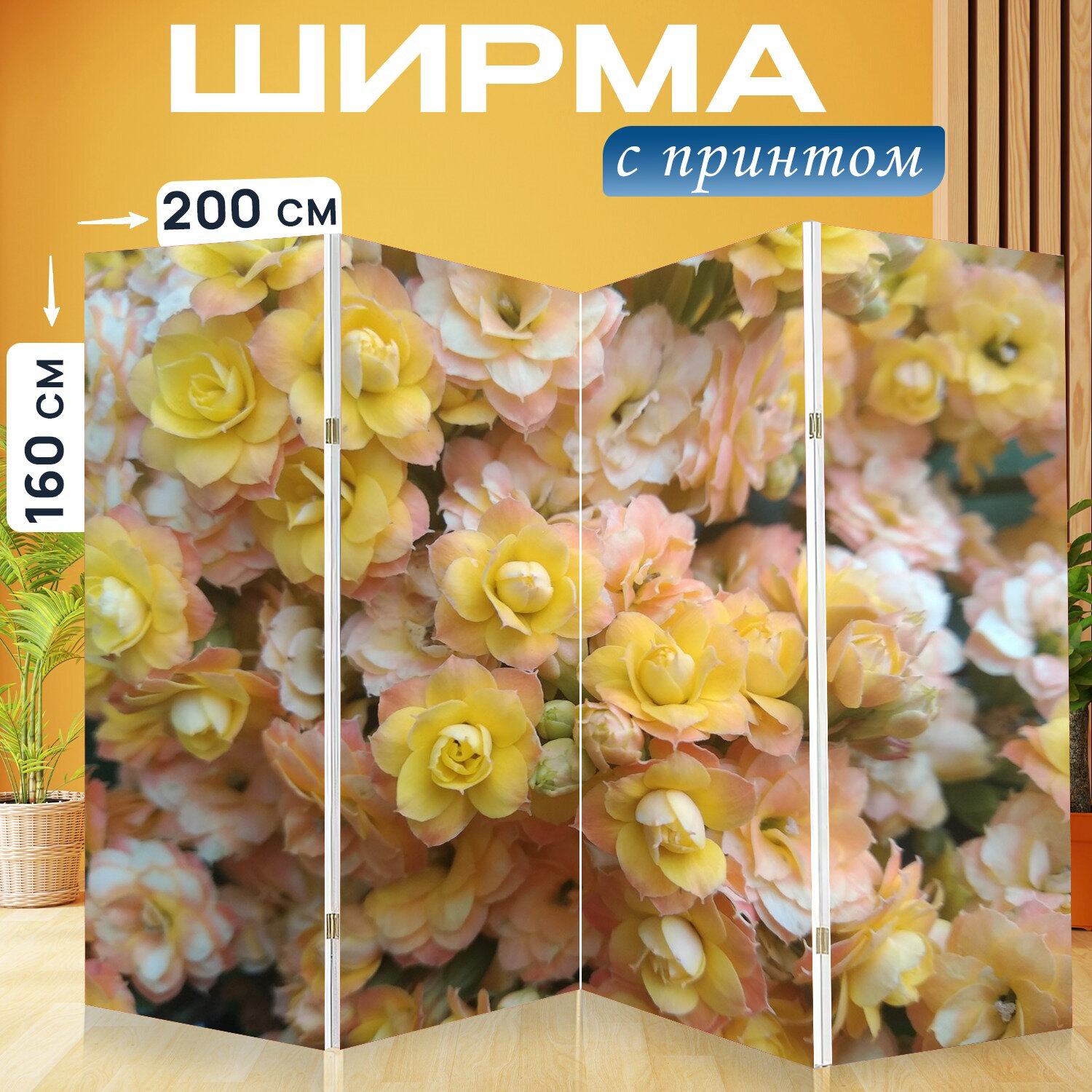 Ширма перегородка с принтом "Букет цветов, желтый, цветок" на холсте - 200x160 см. для зонирования, раскладная