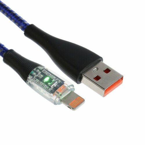 Кабель, 2 А, Lightning - USB, прозрачный, оплётка нейлон, 1 м, синий кабель hama usb apple lightning flat 1 2 м синий