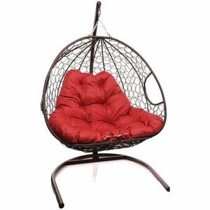 Подвесное кресло кокон двухместное M-group для двоих с ротангом коричневое+красная подушка