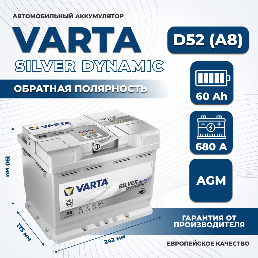 Аккумулятор автомобильный VARTA AGM D52 60Ah 680А обратная полярность (242x175x190)