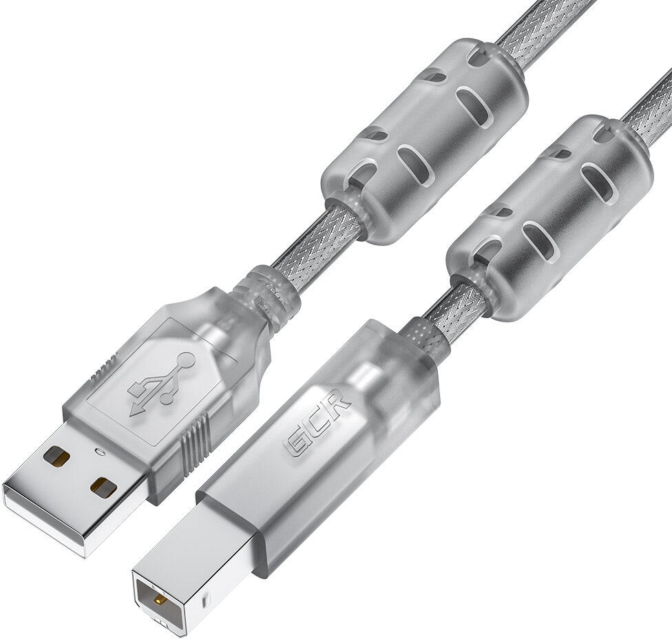 GCR Кабель PROF 5.0m USB 2.0, AM/BM, прозрачный, ферритовые кольца, 28/24 AWG, экран, армированный, морозостойкий, GCR-52426 Greenconnect USB 2.0 Type-AM - USB 2.0 Type-BM 5м (GCR-52426)