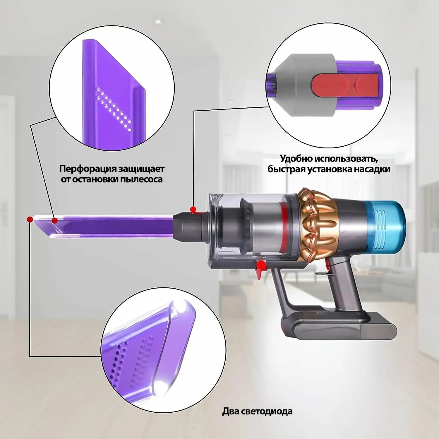 Обзор: Светодиодная щелевая LED насадка для пылесосов Dyson V15 V11 V10 V8 для уборки слабоосвещенных мест, темных щелей и очистки углов.