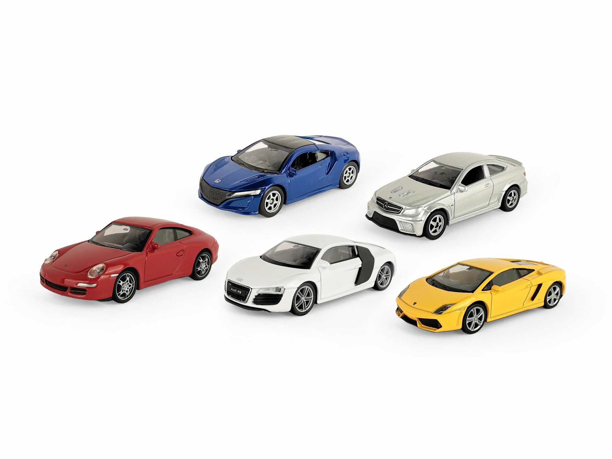 Набор WELLY 1:60, Lamborghini Gallardo LP560-4, Porsche 911 Carrera S, Audi R8 V10, Mercedes-Benz C 63 AMG Coupe Black Series, Honda NSX 2015, 5 шт.