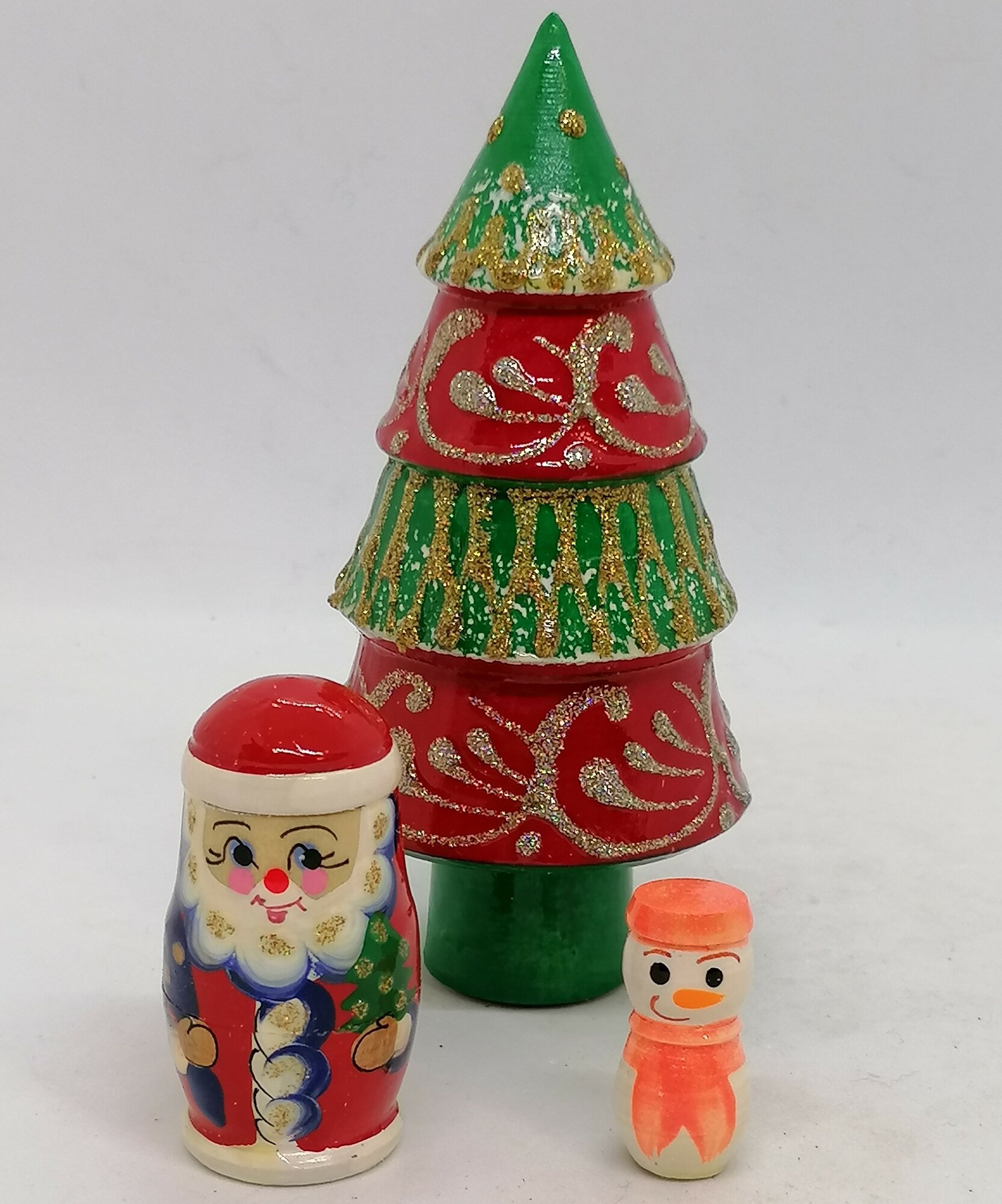 Игрушка деревянная новогодняя, "Ёлка-матрёшка" зелено-красная