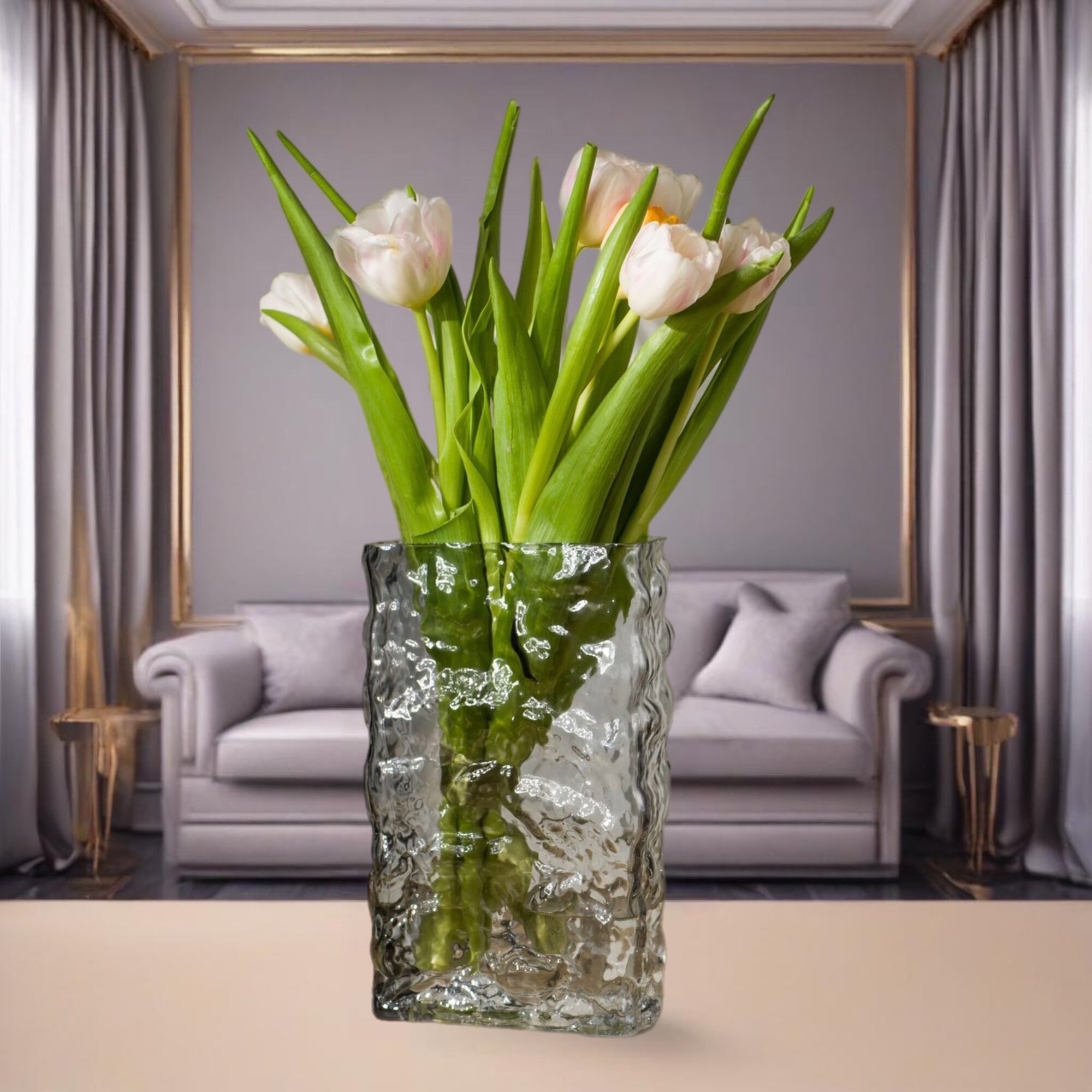 Стеклянная ваза с эффектом помятости цвет перламутр
