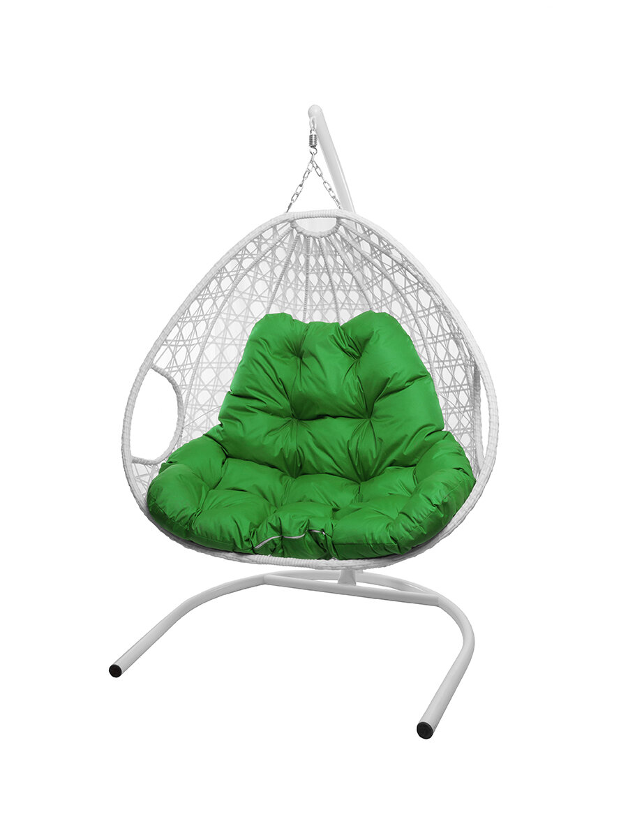 Подвесное кресло M-group для двоих с ротангом белое зелёная подушка