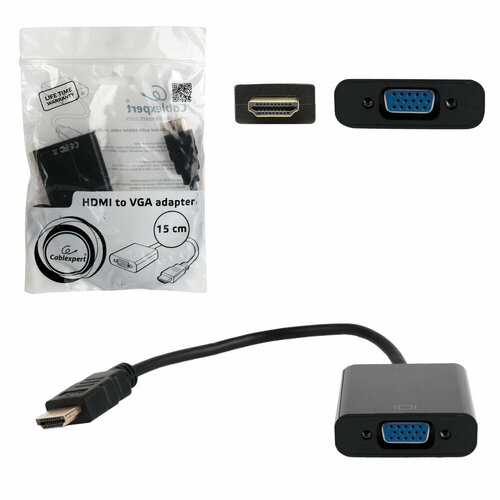 Кабель-переходник HDMI-VGA, 15 см, CABLEXPERT, M-F, для передачи аналогового видео, A-HDMI-VGA-04 переходник hdmi cablexpert f m для передачи цифрового аудио видео a hdmi ffl2