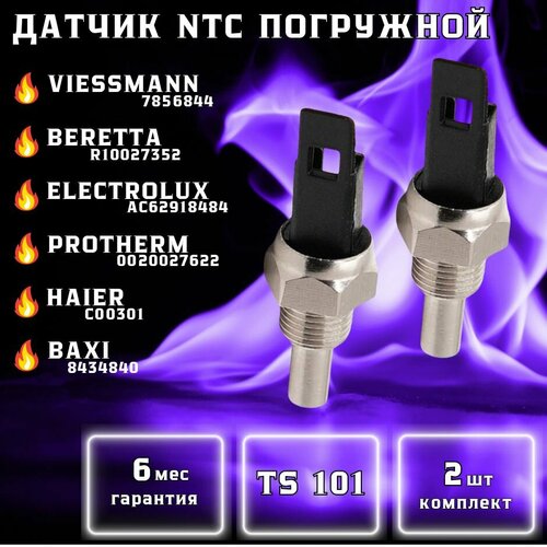 Датчик NTC погружной TS 101 для BAXI 8435400, 84354011P, 8434840, 200025382, 7815662, 008435401, BERETTA R10027352, R10023352, 2000483, ELECTROLUX AC62918484, HAIER C00301, PROTHERM Рысь, Леопард, Лев 0020027622, VIESSMANN 7856844(комплект 2шт)