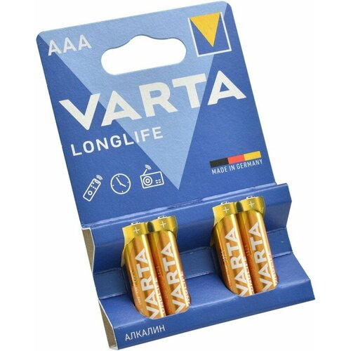 Батарейка Varta LONGLIFE LR03 AAA 4шт/бл Alkaline 1.5V (4103) (04103101414) батарейка aaa lr03 1 5v блистер 4шт цена за 1шт alkaline longlife vrt lr03l 4 бл varta
