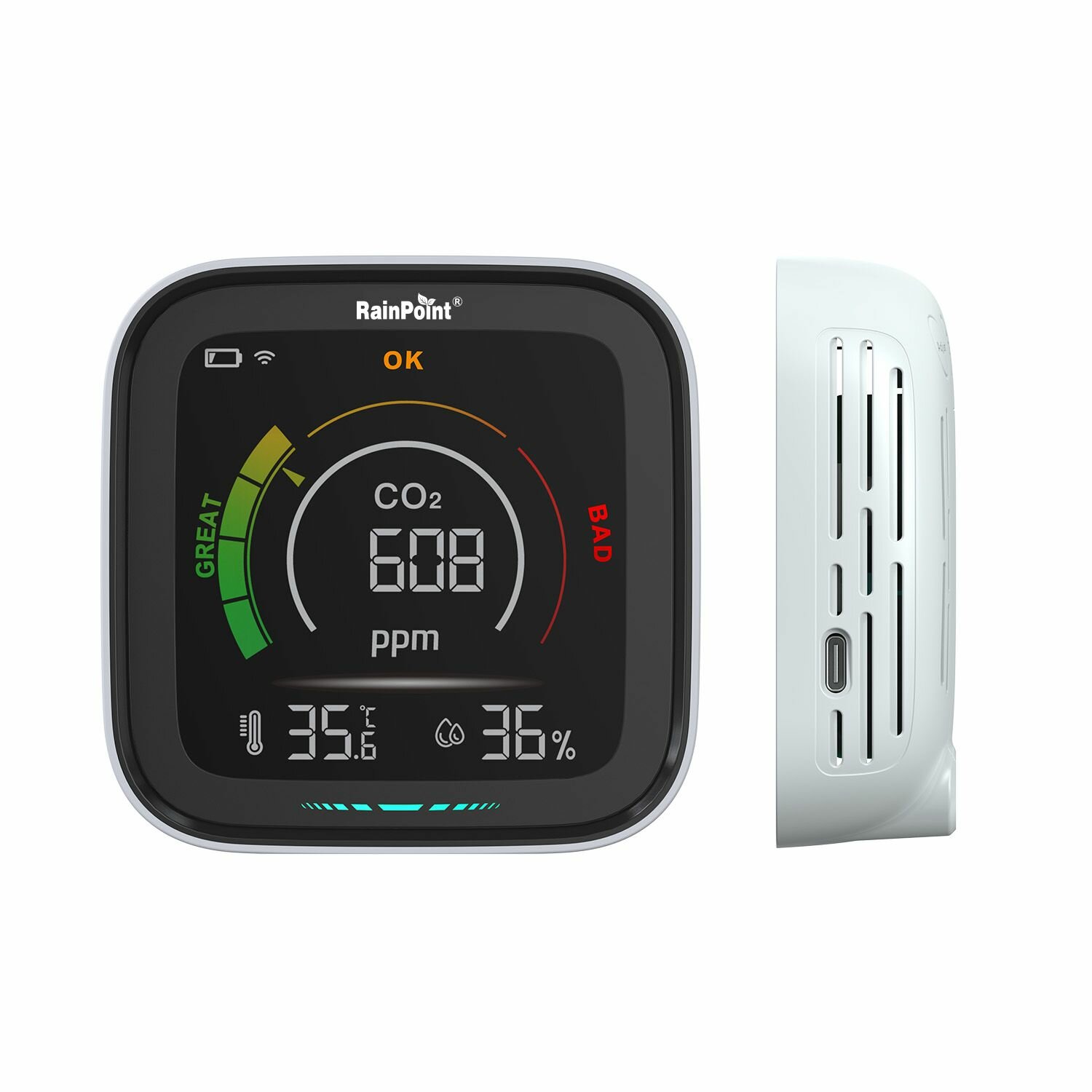 Датчик-детектор углекислого газа (CO2) температуры и влажности Rainpoint HCS530 (WiFi Homgar) с ЖК дисплеем