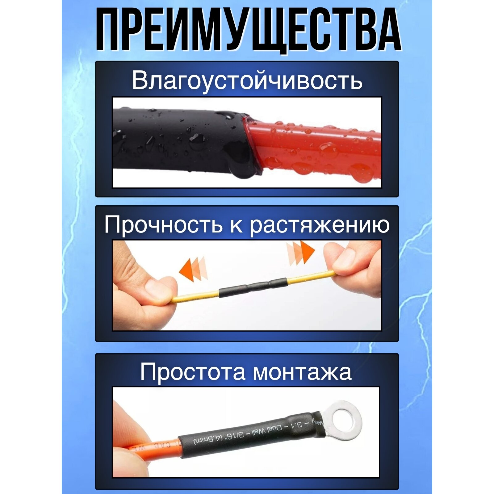 Термоусадка для проводов, черная 12/4 мм, термоусадочная трубка с клеевым слоем ТТК(3:1) для электрики и для рыбалки