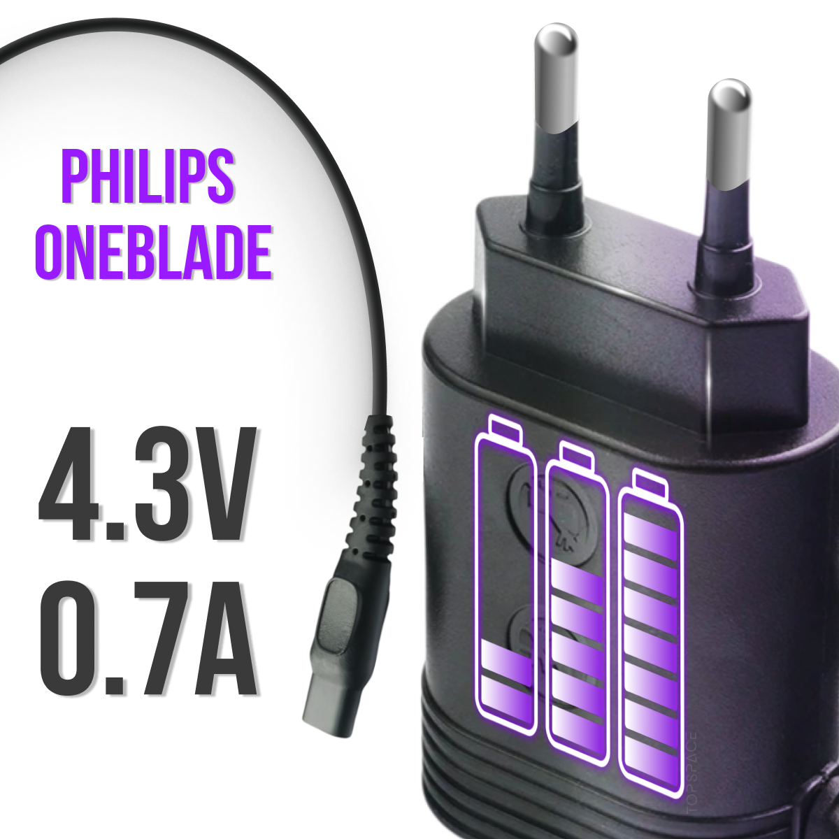 фото Зарядное устройство (блок питания) 4,3V 70mА 3W. Адаптер для эпилятора, электробритвы, триммера Philips OneBlade, машинки для стрижки волос A00390 QP2510 QP2620 QP2630 QT3900 QT4000 RQ310 RQ350 S510
