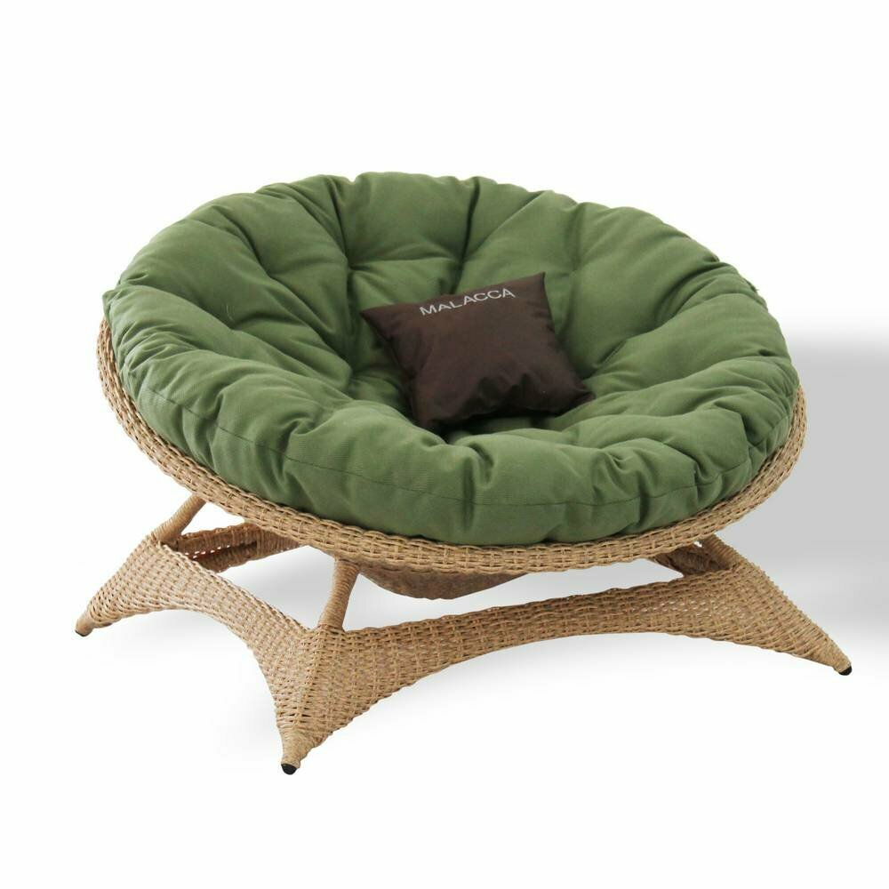 Кресло-папасан садовое из ротанга для отдыха в саду и на террасе, цвет индийско едерево с зеленой подушкой