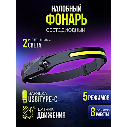 Фонарь налобный светодиодный Фонарик аккумуляторный с регулируемым размером для рыбалки Охоты Туризма Черный 1200₽