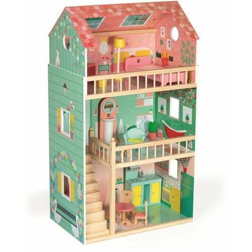 Janod кукольный домик Happy Day J06580, зеленый/розовый кукольный домик happy valley нежное облачко деревянный 7754411