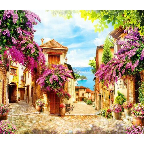 Алмазная мозаика. Картина стразами (на подрамнике размер 30х40 см, полная выкладка, круглые стразы) Улочка у моря