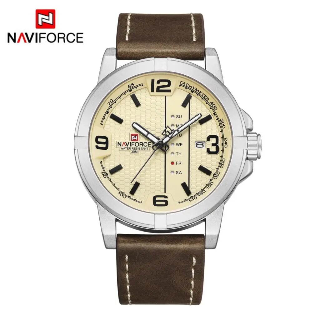 Мужские наручные кварцевые часы Naviforcce NF9177 с кожаным ремешком, Silver Yellow